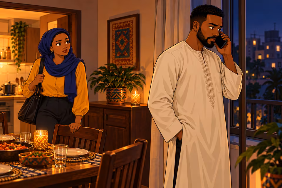 Fatima notices Ibrahim’s guarded manner during a phone call.