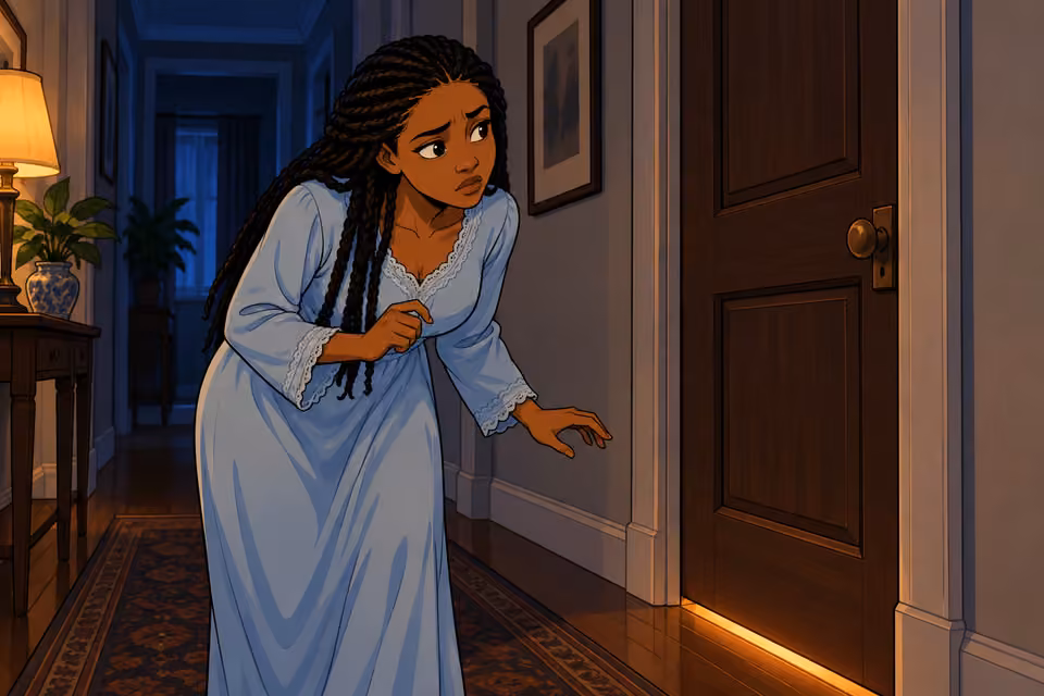 Fatima approaches the lit study late at night.