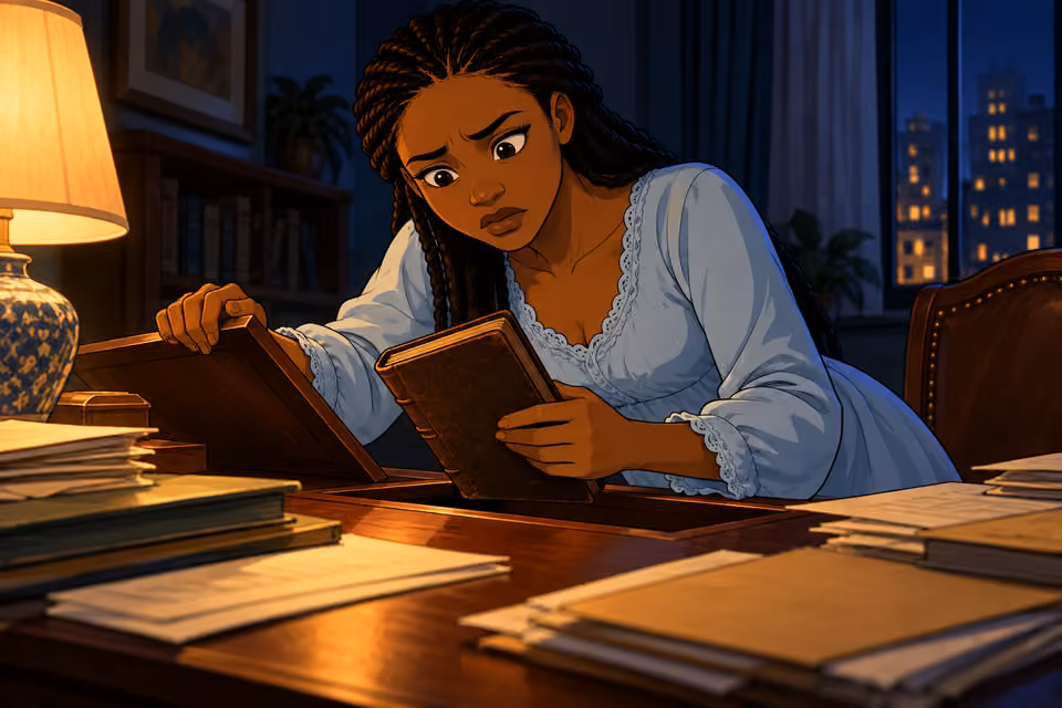 Fatima finds a hidden leather-bound notebook in the desk.