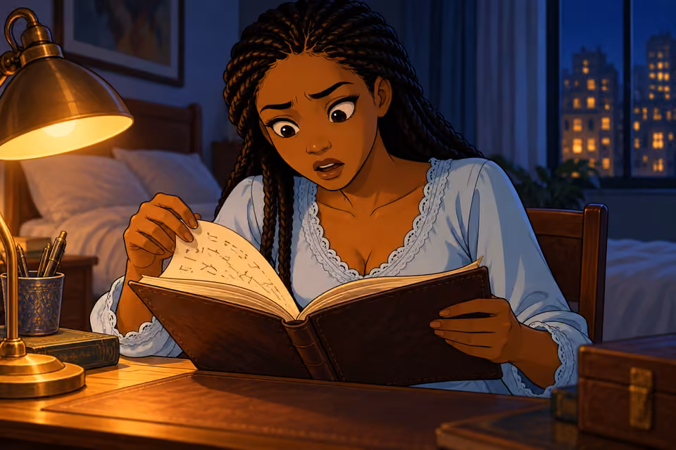 Fatima studies the notebook’s troubling coded entries.