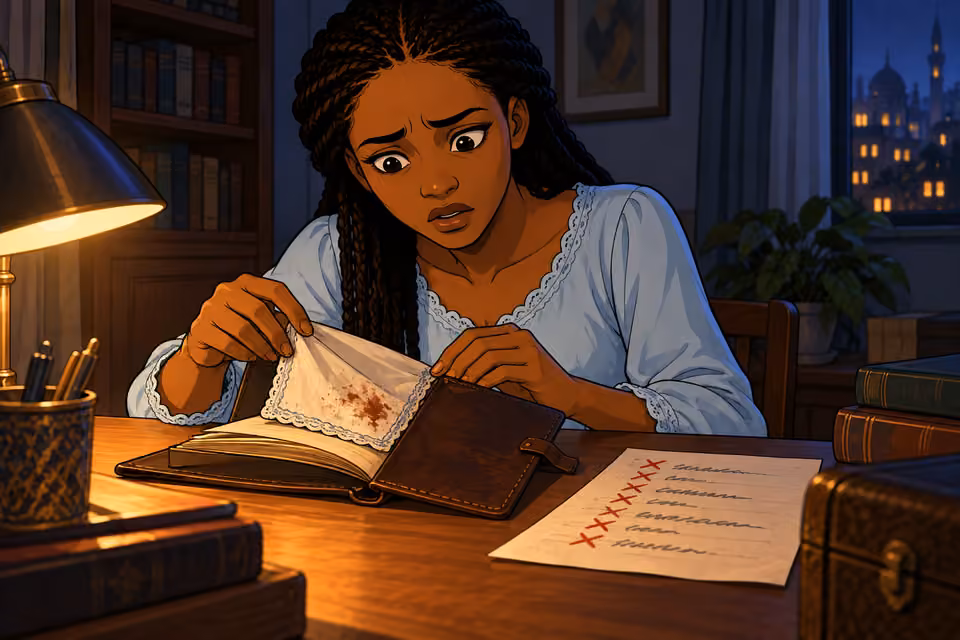 Fatima discovers a stained handkerchief and a crossed-out list.