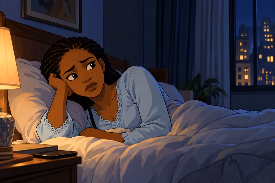Cartoon illustration of Fatima lying sleepless in a blue nightdress, troubled by the secrets she has uncovered about her husband.