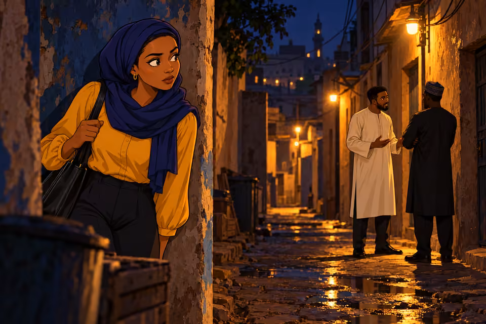 Fatima discreetly follows Ibrahim through the nighttime alleys.