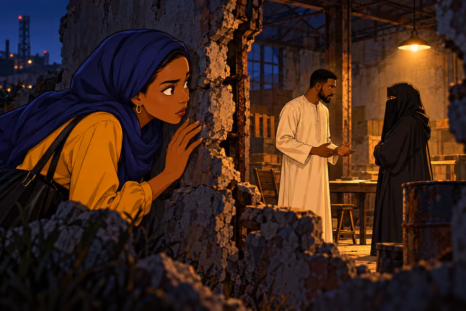 Fatima watches Ibrahim speak with a veiled woman in a warehouse.