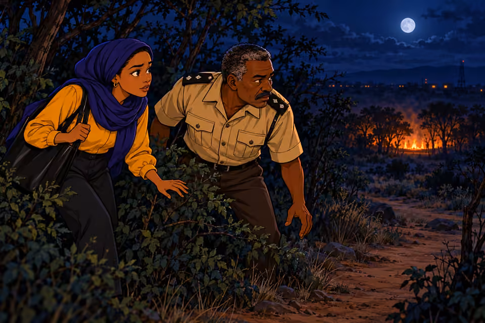 Fatima and Bako approach a remote gathering late at night.