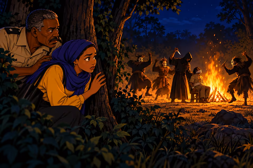 Hidden behind trees, Fatima and Bako witness a threatening ritual.