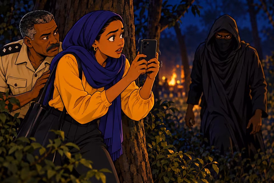 Fatima raises her phone as a masked figure discovers her.