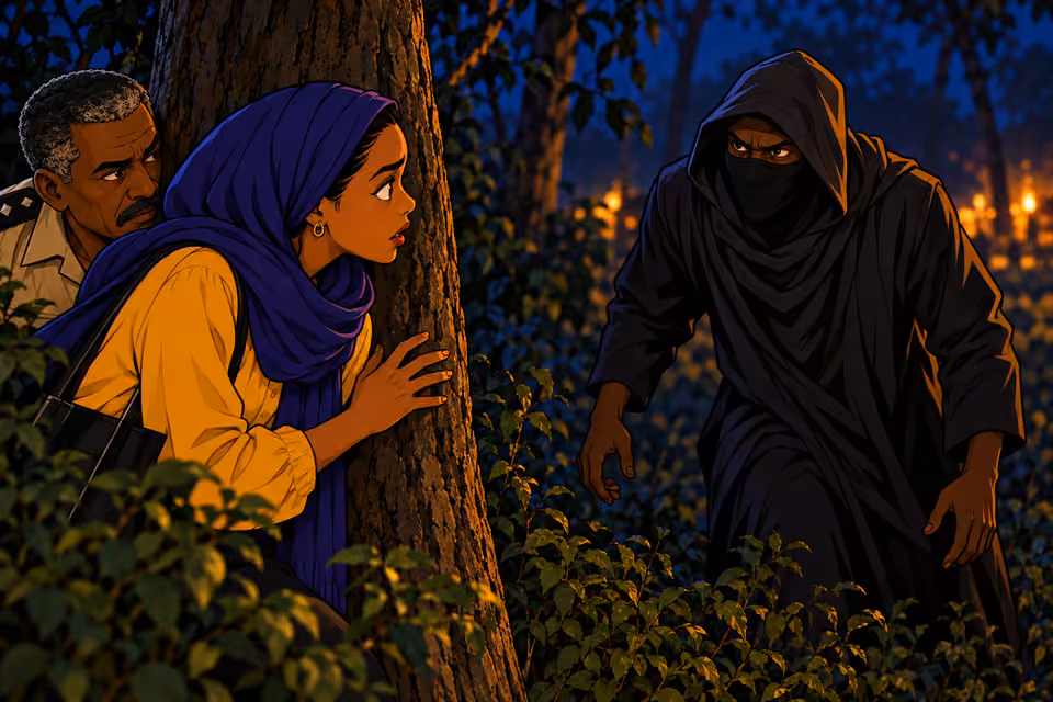 A masked sentry challenges Fatima from the shadows.