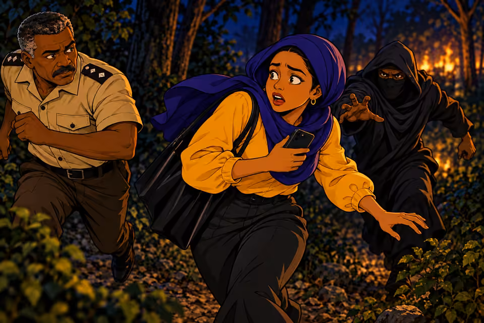Fatima turns to run as the masked figure lunges for her phone.