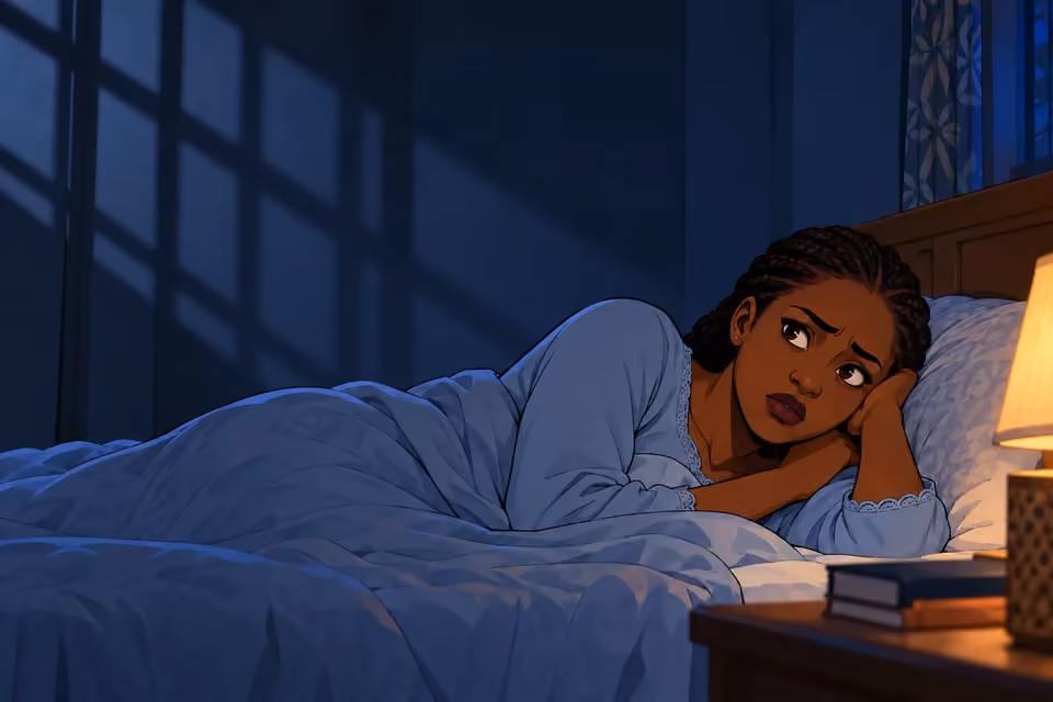 Cartoon illustration of a frightened Fatima lying awake beneath long window shadows after witnessing a disturbing ritual.
