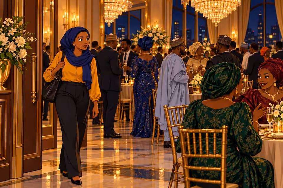 Fatima arrives at a lavish political fundraiser.