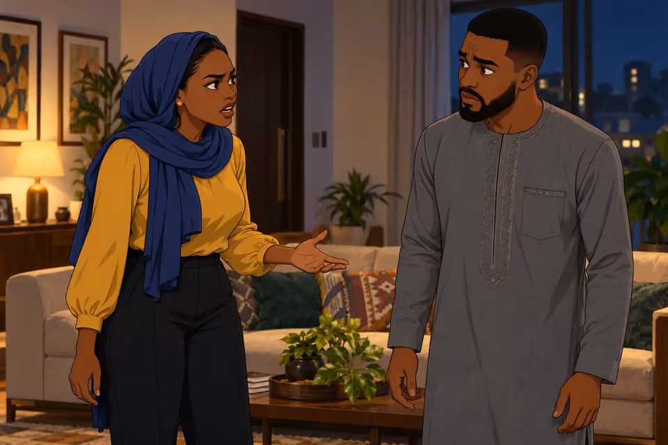 Cartoon illustration of Fatima confronting Ibrahim in their living room after returning from a fundraiser.