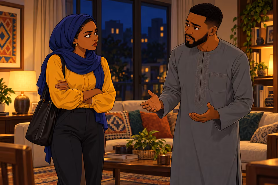 Ibrahim responds apprehensively when Fatima confronts him.