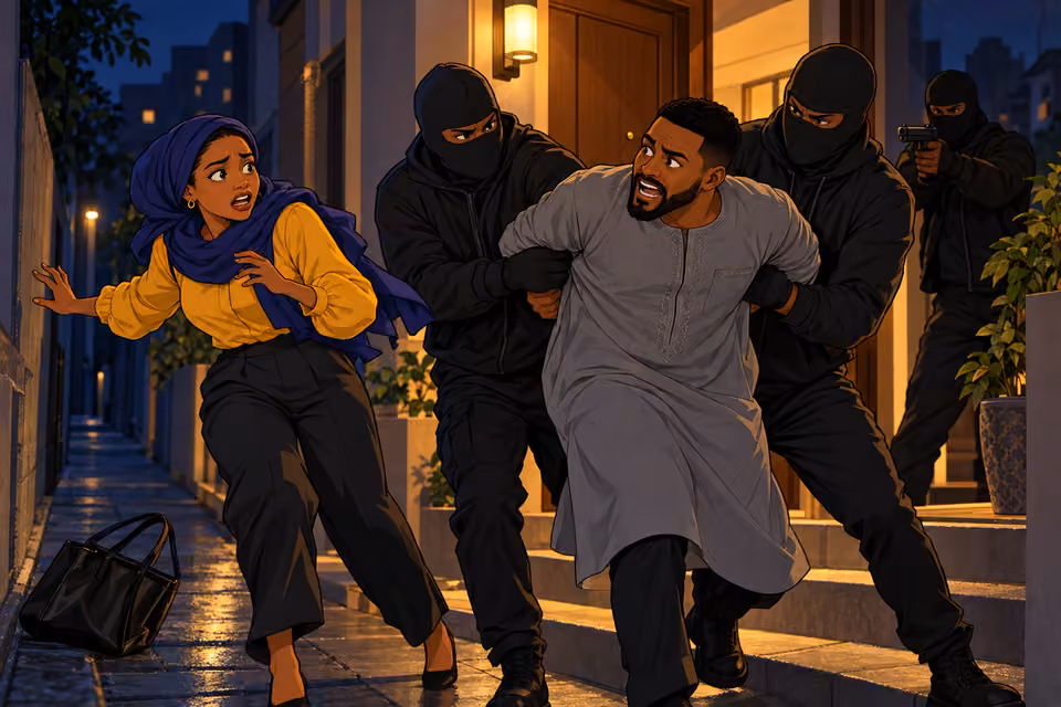 Masked attackers seize Ibrahim as Fatima struggles to escape.