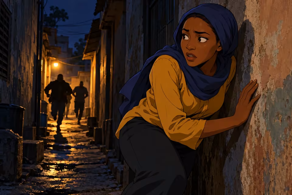 Cartoon illustration of Fatima pressing against an alley wall while two pursuing figures pass through the night behind her.