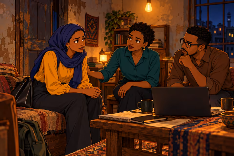 Underground journalists give Fatima refuge in a hidden apartment.