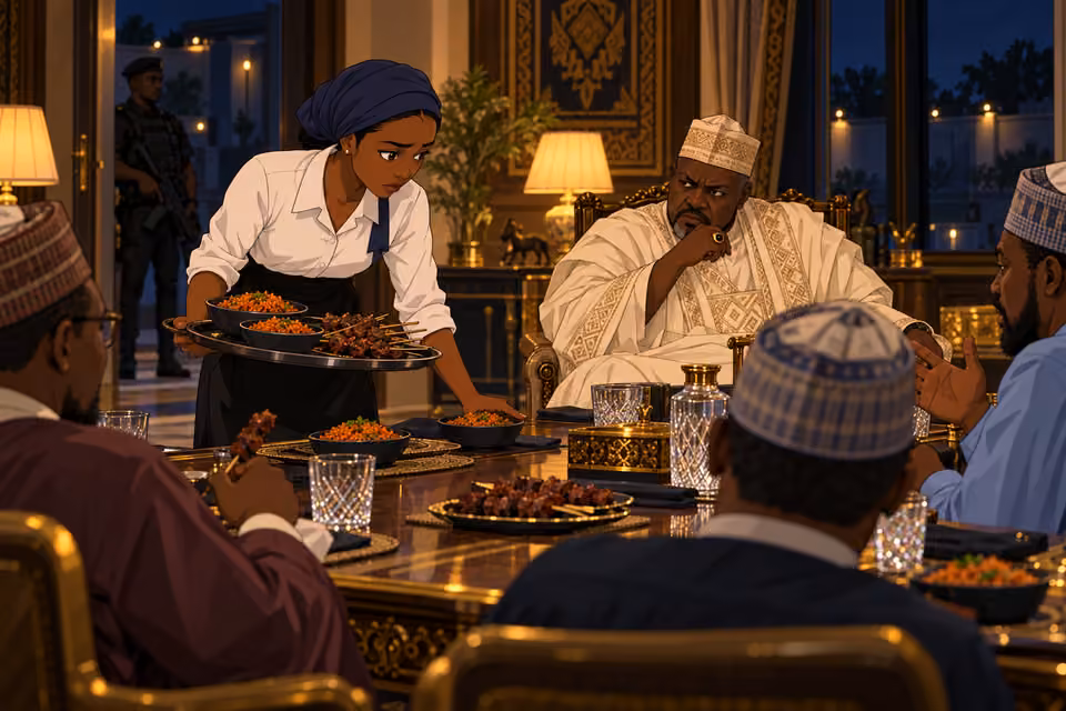 Disguised as a caterer, Fatima listens while serving the secret meeting.