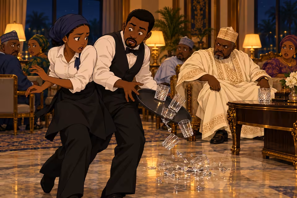 Fatima collides with a waiter and drops glasses, drawing Tanko’s attention.