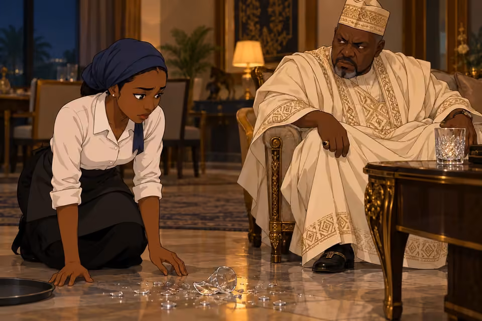 Cartoon illustration of Fatima crouching near a shattered glass as Alhaji Tanko regards her with suspicion.