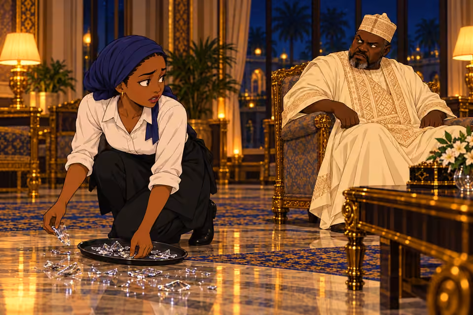 Cartoon illustration: Fatima gathers the broken glass under Tanko’s suspicious gaze.