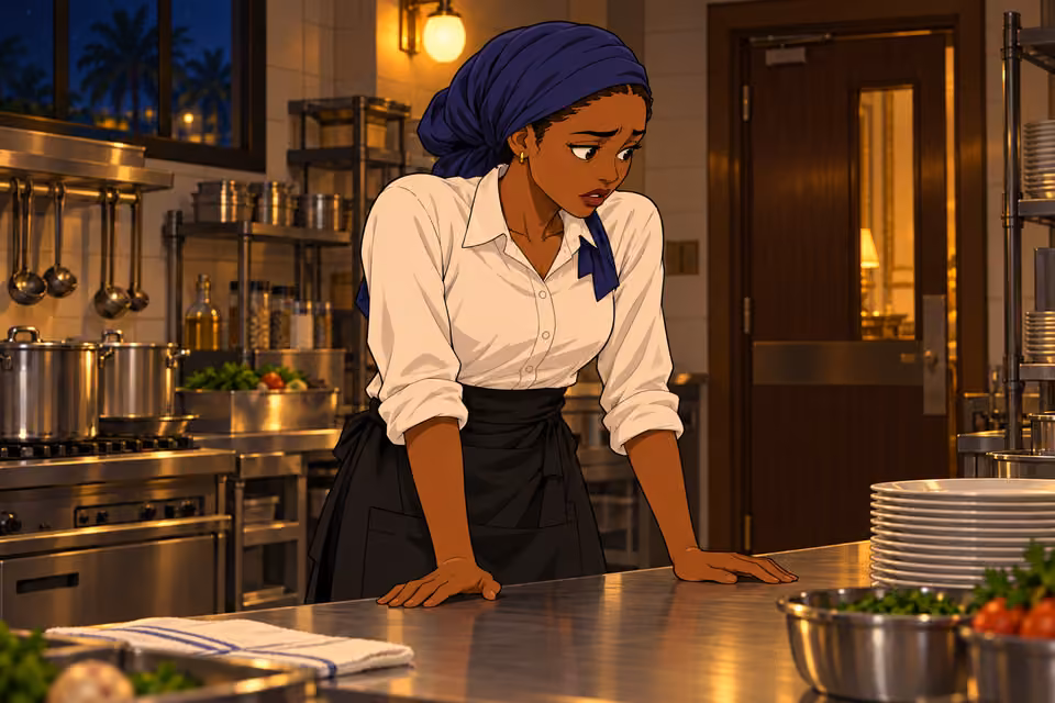 Cartoon illustration: Fatima regains her composure in the kitchen.