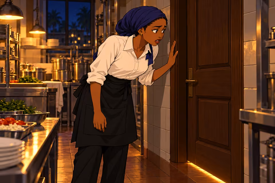 Cartoon illustration: Fatima recognizes Bawa’s voice beyond the kitchen door.
