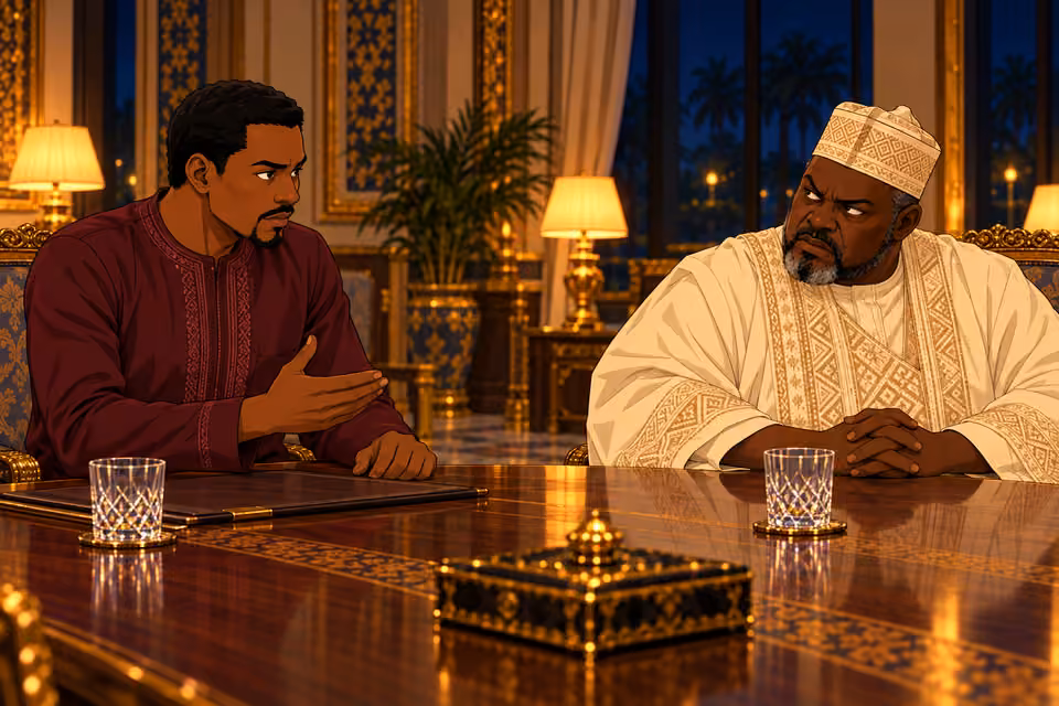 Cartoon illustration: Bawa calmly announces the conspiracy’s next move.