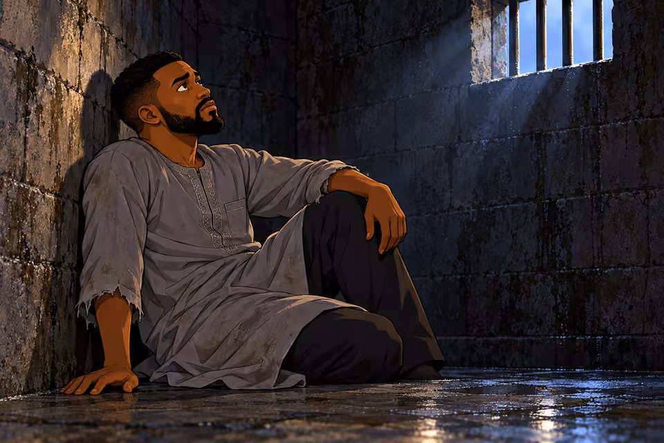 Cartoon illustration: Weakened in captivity, Ibrahim holds on to hope.