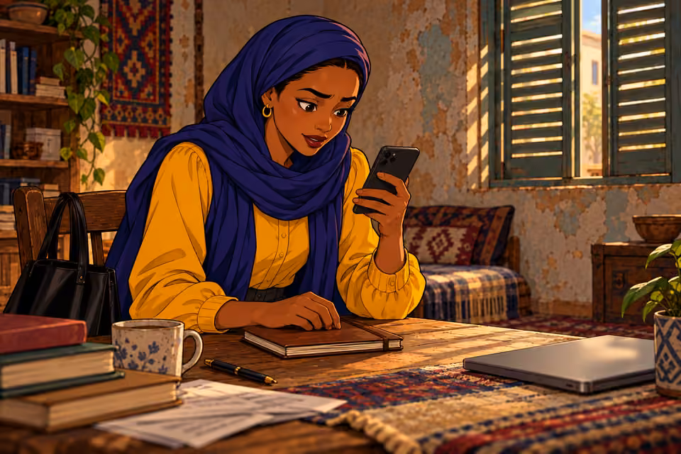 Cartoon illustration: An unknown sender offers Fatima help and a midnight meeting.