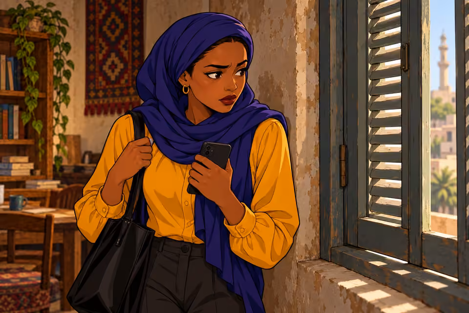 Cartoon illustration: Fatima weighs the promise and danger of the mysterious message.