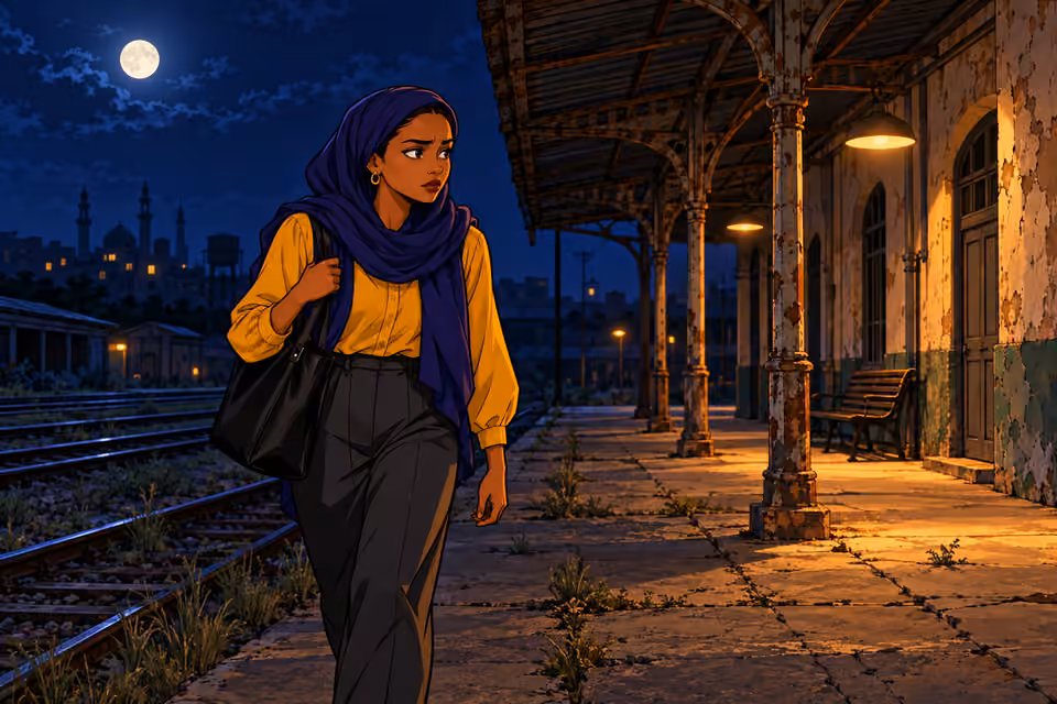 Cartoon illustration: Fatima approaches the abandoned train station at midnight.