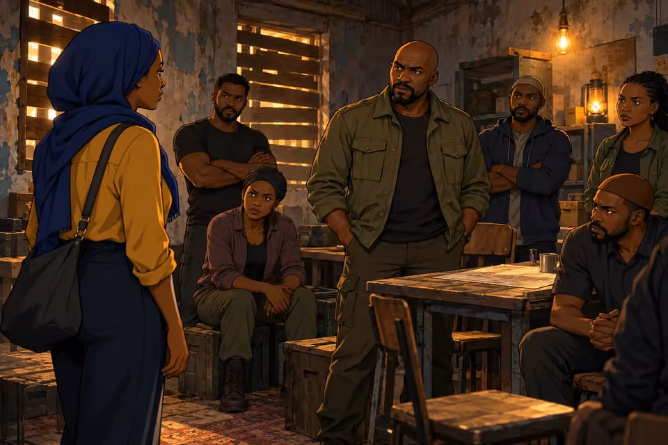 Cartoon illustration of Fatima facing Tunde and his determined allies inside a worn safe house with boarded windows.