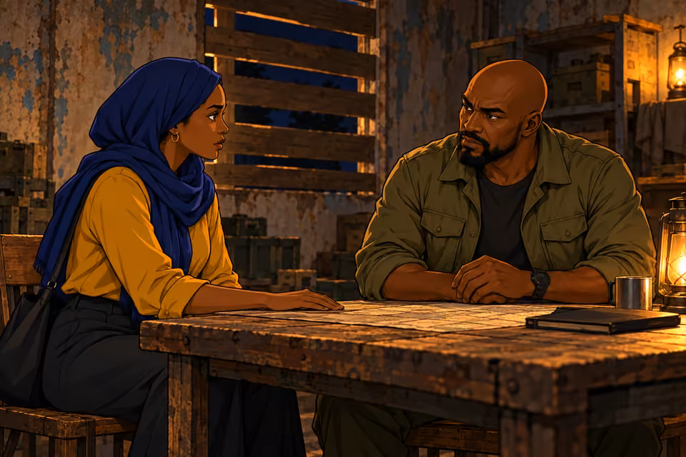 Cartoon illustration: Fatima agrees to join Tunde’s resistance group.