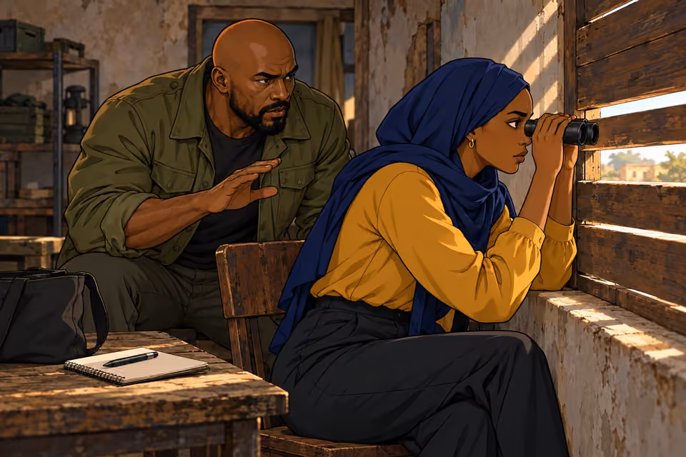Cartoon illustration: Fatima learns surveillance skills for the resistance.
