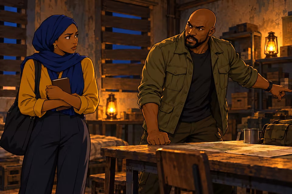 Cartoon illustration: Fatima begins to doubt Tunde’s motives.