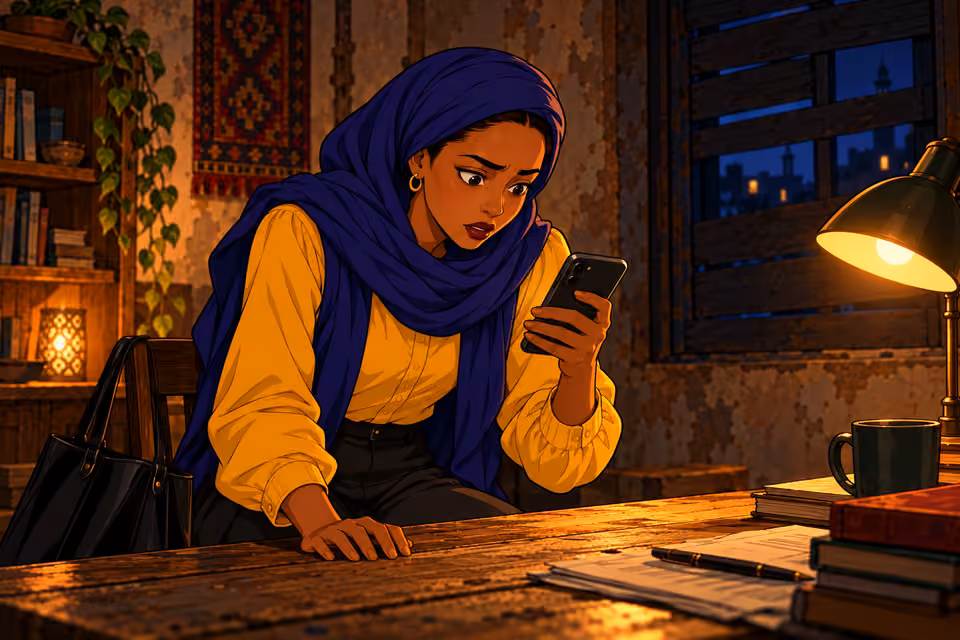 Cartoon illustration: A warning message makes Fatima suspect betrayal within the group.