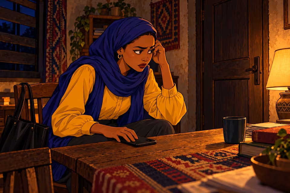Cartoon illustration: Fatima quietly struggles with the warning and whom to trust.