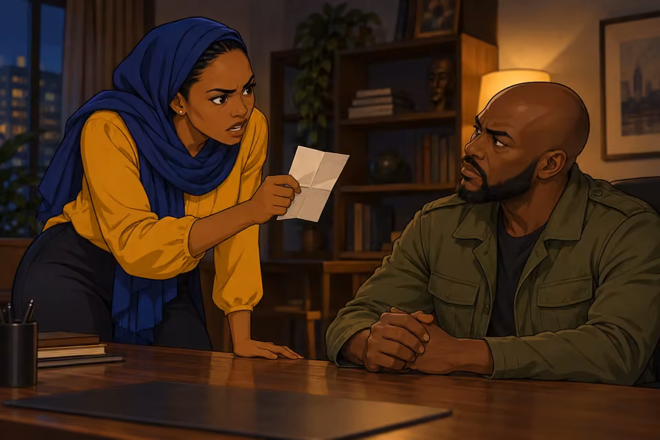 Cartoon illustration of Fatima confronting Tunde with a folded message clutched in her hand.