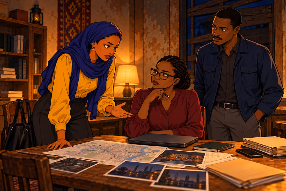 Cartoon illustration: Fatima rallies Binta and Suleiman to continue the mission.