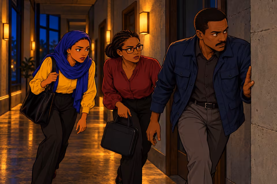 Cartoon illustration: Fatima, Binta and Suleiman infiltrate the headquarters.