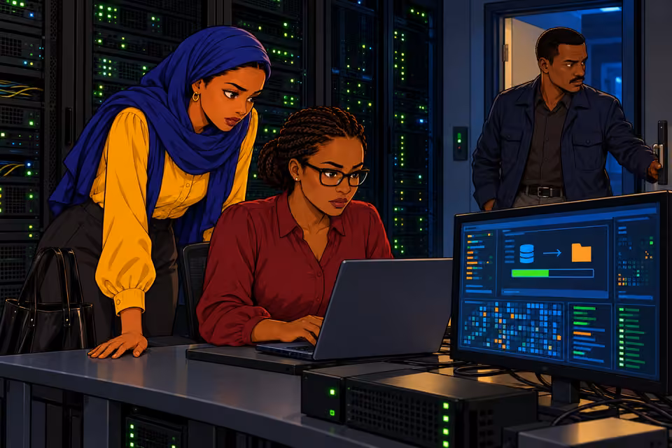 Cartoon illustration: Binta downloads incriminating evidence while her allies keep watch.