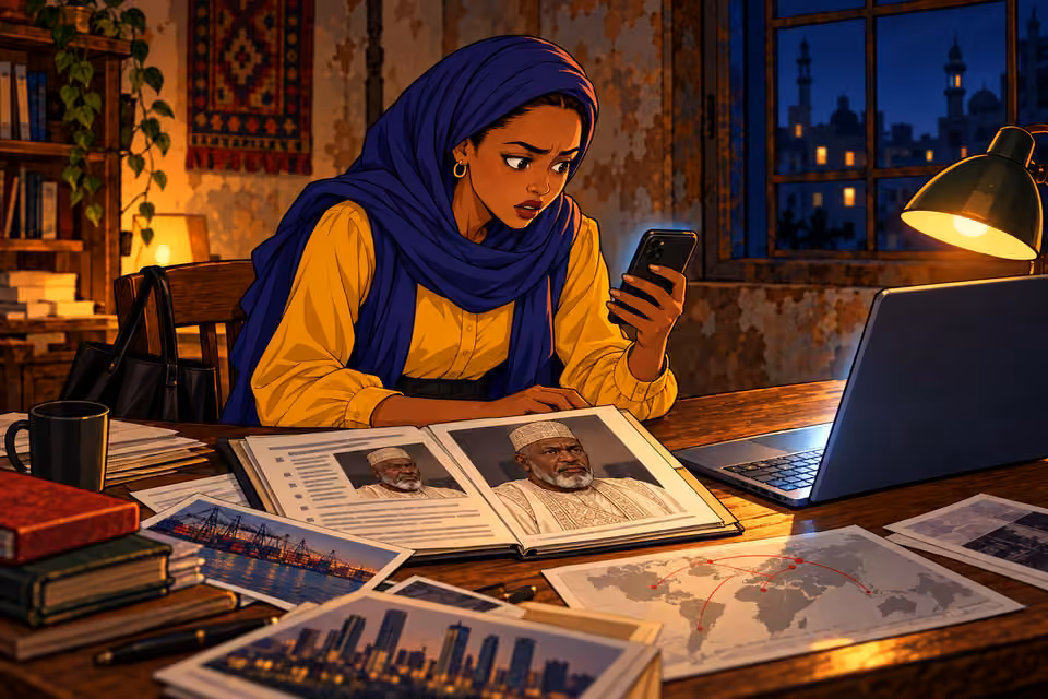 Cartoon illustration: A new warning interrupts Fatima as she prepares to publish the evidence.