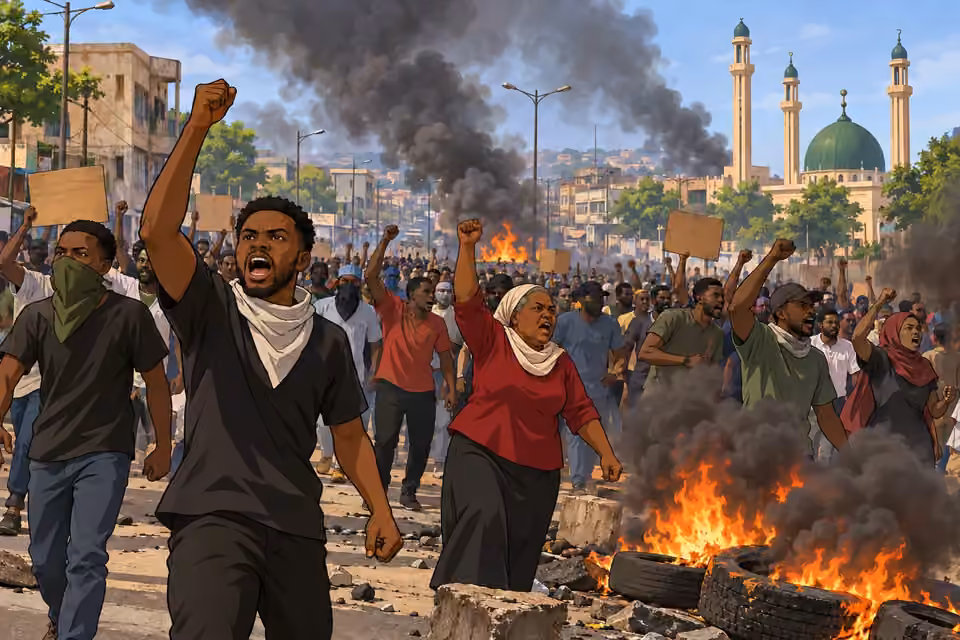 Cartoon illustration of Kaduna residents protesting amid smoke and burning tires after the conspiracy is exposed.