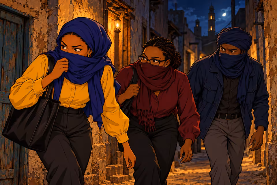 Cartoon illustration: Fatima and her allies slip through the old city’s back alleys.