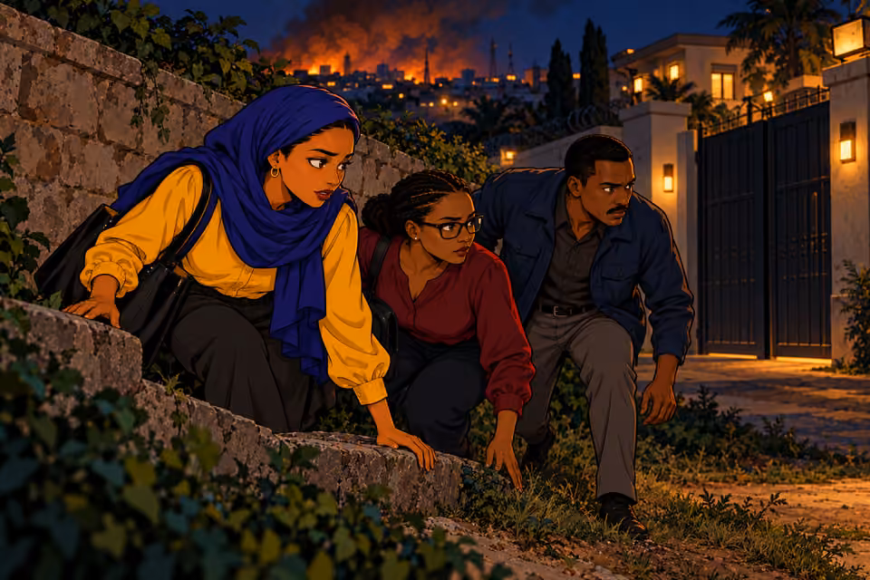Cartoon illustration: Fatima and her allies approach the compound under cover of darkness.
