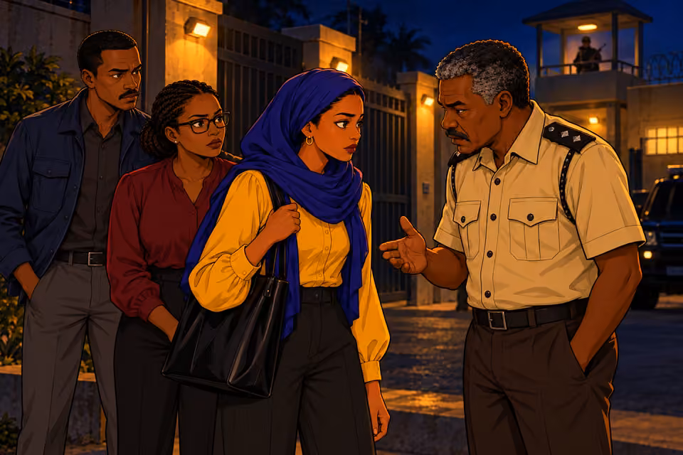 Cartoon illustration: Bako meets Fatima at the compound before the assault.
