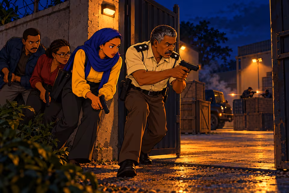Cartoon illustration: Fatima and Bako lead their allies into the compound.