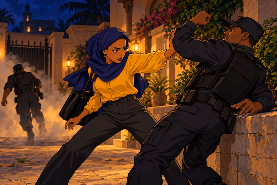 Cartoon illustration: Fatima fights her way through the compound’s defenders.