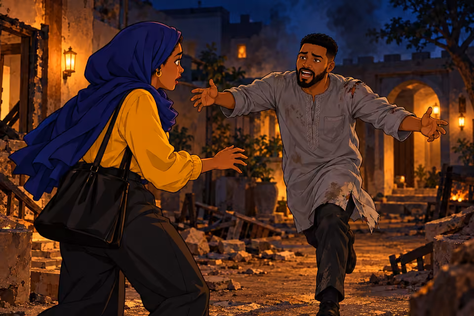 Cartoon illustration: Ibrahim emerges from the smoke and runs toward Fatima.