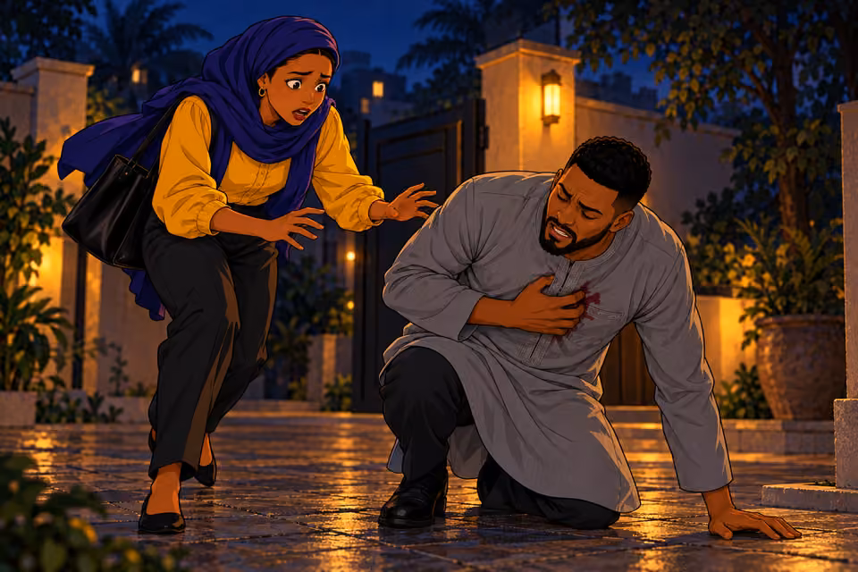 Cartoon illustration: Fatima reaches for Ibrahim as he collapses before their reunion.